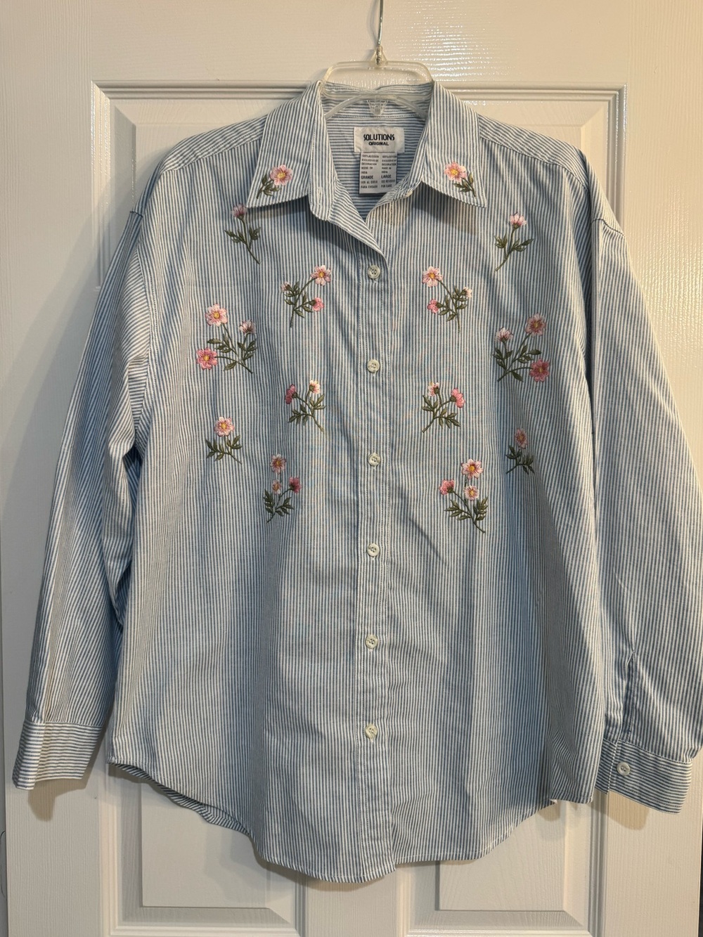 Vintage Light Blue Striped Button-Down Shirt with Pink Floral Embroidery